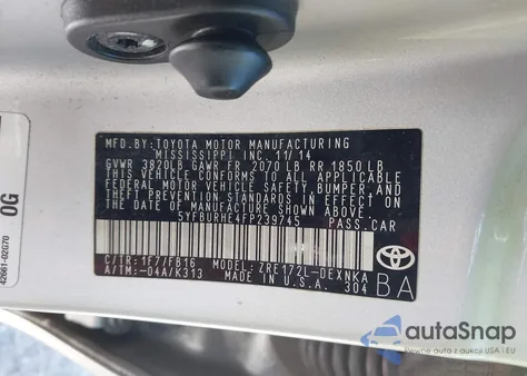 2015 Toyota Corolla Le из США, поврежденный, VIN 5YFBURHE4FP239745